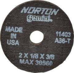 Norton - 2" Aluminum Oxide Cutoff Wheel - 1/8" Thick, 3/8" Arbor, 30,560 Max RPM, Use with Die Grinders - A1 Tooling