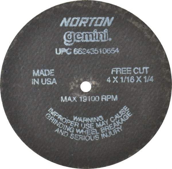 Norton - 4" Aluminum Oxide Cutoff Wheel - 1/16" Thick, 1/4" Arbor, 19,100 Max RPM, Use with Die Grinders - A1 Tooling