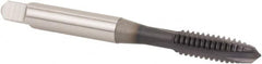 OSG - M10x1.25 Metric Fine, 3 Flute, TiCN Finish, Powdered Metal Spiral Point Tap - Plug Chamfer, Right Hand Thread, 2-15/16" OAL, 1-1/4" Thread Length, 0.381" Shank Diam - Exact Industrial Supply