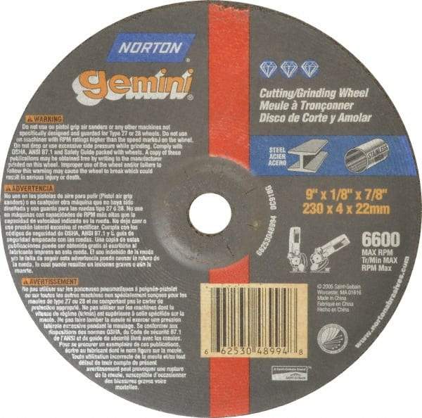 Norton - 24 Grit, 9" Wheel Diam, 1/8" Wheel Thickness, 7/8" Arbor Hole, Type 27 Depressed Center Wheel - Aluminum Oxide, 6,600 Max RPM, Compatible with Angle Grinder - A1 Tooling