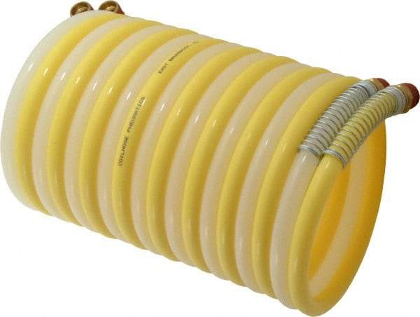 Coilhose Pneumatics - 3/8" ID, 3/8 Thread, 12' Long, Yellow & Natural Nylon Coiled & Self Storing Hose - 165 Max psi, Male Swivel x Male Swivel - A1 Tooling