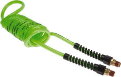 Coilhose Pneumatics - 1/4" ID, 1/4 Thread, 10' Long, Neon Green Polyurethane Coiled & Self Storing Hose - 125 Max psi, Male Swivel x Male Swivel with Strain Relief - A1 Tooling