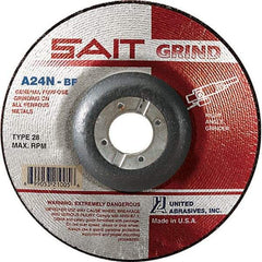 Sait - 24 Grit, 4-1/2" Wheel Diam, 1/4" Wheel Thickness, 7/8" Arbor Hole, Type 28 Depressed Center Wheel - Aluminum Oxide, Resinoid Bond, N Hardness, 13,300 Max RPM, Compatible with Angle Grinder - A1 Tooling