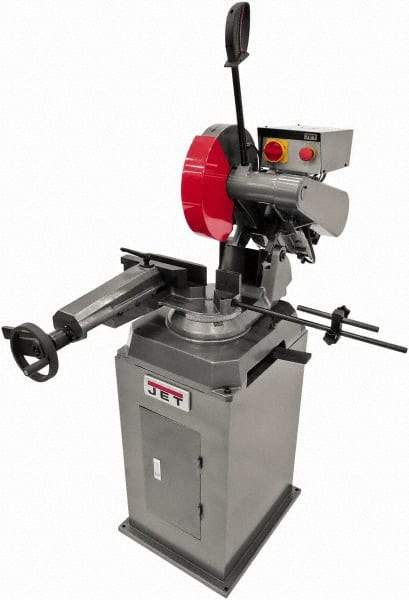 Jet - 11-1/2" Blade Diam, Straight/Miter Chop & Cut-Off Saw - 3 Phase, 3,450 RPM, 5 hp, 230/460 Volts, 4" Capacity in Pipe at 90°, 3-1/2" Capacity in Solids at 45° - A1 Tooling