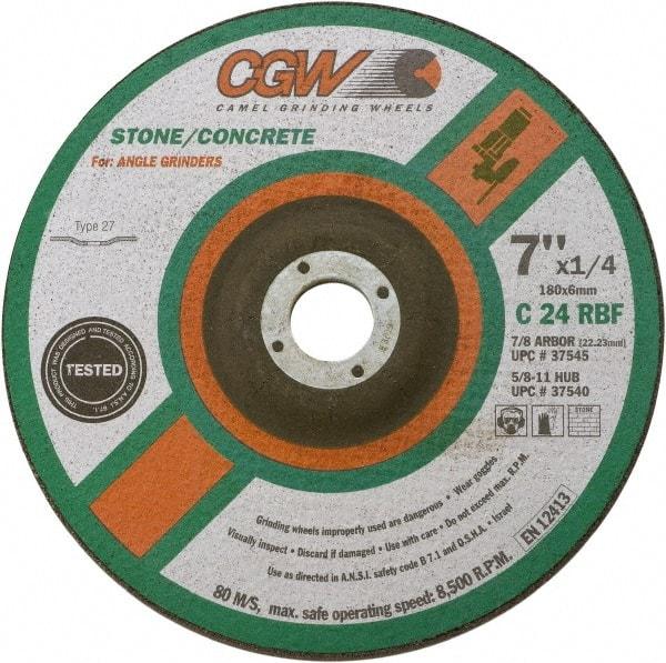 Camel Grinding Wheels - 24 Grit, 9" Wheel Diam, 1/4" Wheel Thickness, 7/8" Arbor Hole, Type 27 Depressed Center Wheel - Coarse Grade, Silicon Carbide, Resinoid Bond, 6,650 Max RPM - A1 Tooling