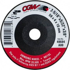 Camel Grinding Wheels - 80 Grit, 2-5/16" Wheel Diam, 5/32" Wheel Thickness, 3/8" Arbor Hole, Type 27 Depressed Center Wheel - Medium Grade, Aluminum Oxide, Resinoid Bond, 20,000 Max RPM - A1 Tooling