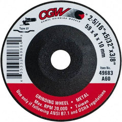 Camel Grinding Wheels - 60 Grit, 2-5/16" Wheel Diam, 5/32" Wheel Thickness, 3/8" Arbor Hole, Type 27 Depressed Center Wheel - Medium Grade, Aluminum Oxide, Resinoid Bond, 20,000 Max RPM - A1 Tooling