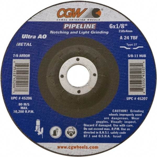 Camel Grinding Wheels - 24 Grit, 5" Wheel Diam, 1/8" Wheel Thickness, Type 27 Depressed Center Wheel - Coarse Grade, Aluminum Oxide, Resinoid Bond, 12,250 Max RPM - A1 Tooling