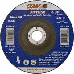 Camel Grinding Wheels - 24 Grit, 4-1/2" Wheel Diam, 1/8" Wheel Thickness, 7/8" Arbor Hole, Type 27 Depressed Center Wheel - Coarse Grade, Aluminum Oxide, Resinoid Bond, 13,300 Max RPM - A1 Tooling