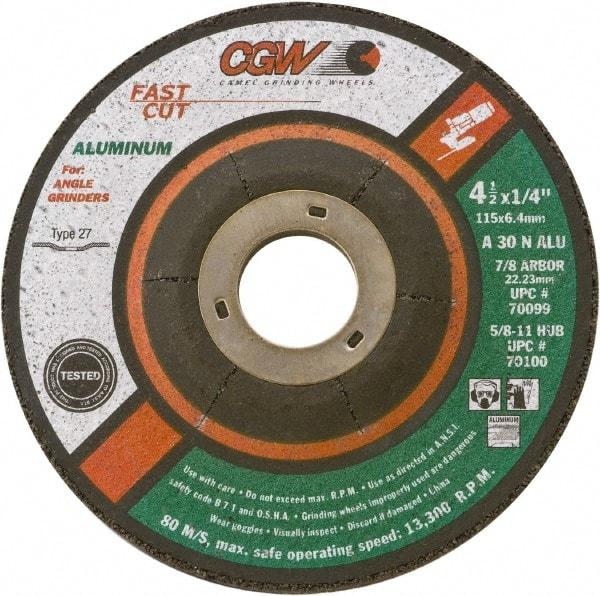 Camel Grinding Wheels - 30 Grit, 4-1/2" Wheel Diam, 1/4" Wheel Thickness, 7/8" Arbor Hole, Type 27 Depressed Center Wheel - Medium Grade, Aluminum Oxide, Resinoid Bond, 13,300 Max RPM - A1 Tooling