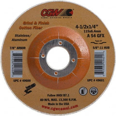 Camel Grinding Wheels - 54 Grit, 4-1/2" Wheel Diam, 1/4" Wheel Thickness, 7/8" Arbor Hole, Type 27 Depressed Center Wheel - Medium Grade, Aluminum Oxide, 13,300 Max RPM - A1 Tooling