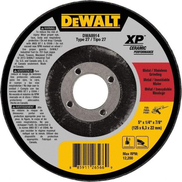 DeWALT - 5" Wheel Diam, 1/4" Wheel Thickness, 7/8" Arbor Hole, Type 27 Depressed Center Wheel - Medium Grade, Ceramic, 12,200 Max RPM - A1 Tooling