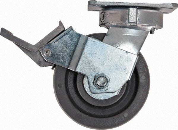 Caster Connection - 5" Diam x 2" Wide x 6-1/2" OAH Top Plate Mount Swivel Caster with Brake - Nylon, 1,250 Lb Capacity, Sealed Precision Ball Bearing, 4 x 4-1/2" Plate - A1 Tooling