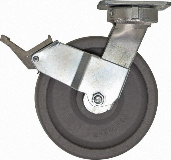 Caster Connection - 8" Diam x 2" Wide x 10-1/8" OAH Top Plate Mount Swivel Caster with Brake - Nylon, 2,000 Lb Capacity, Sealed Precision Ball Bearing, 4 x 4-1/2" Plate - A1 Tooling