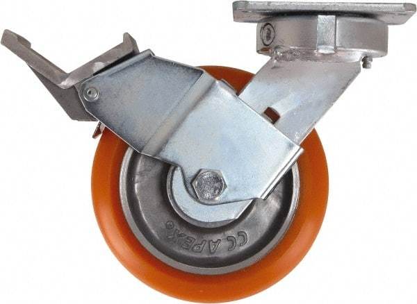 Caster Connection - 6" Diam x 2" Wide x 7-1/2" OAH Top Plate Mount Swivel Caster with Brake - Polyurethane, 1,000 Lb Capacity, Sealed Precision Ball Bearing, 4 x 4-1/2" Plate - A1 Tooling