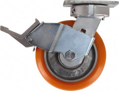 Caster Connection - 6" Diam x 2" Wide x 7-1/2" OAH Top Plate Mount Swivel Caster with Brake - Polyurethane, 1,000 Lb Capacity, Sealed Precision Ball Bearing, 4 x 4-1/2" Plate - A1 Tooling