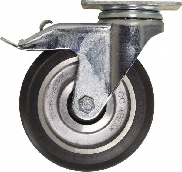 Caster Connection - 5" Diam x 1-1/4" Wide x 6-1/4" OAH Top Plate Mount Swivel Caster with Brake - Polyurethane, 450 Lb Capacity, Sealed Precision Ball Bearing, 2-3/8 x 3-5/8" Plate - A1 Tooling