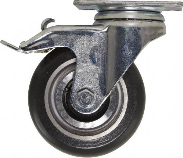 Caster Connection - 4" Diam x 1-1/4" Wide x 5-1/8" OAH Top Plate Mount Swivel Caster with Brake - Polyurethane, 400 Lb Capacity, Sealed Precision Ball Bearing, 2-3/8 x 3-5/8" Plate - A1 Tooling