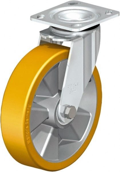 Swivel Top Plate Caster: Polyurethane, 8″ Wheel Dia, 2″ Wheel Width, 1,250 lb Capacity, 2-23/64″ OAH Polyurethane, 1,250 Lb Capacity, Ball Bearing, 4 x 4-1/2″ Plate