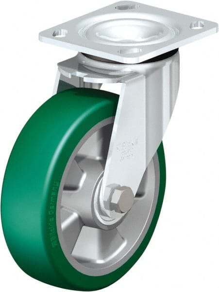 Swivel Top Plate Caster: Polyurethane, 6″ Wheel Dia, 2-1/8″ Wheel Width, 1,100 lb Capacity, 7-1/2″ OAH Polyurethane, 1,100 Lb Capacity, Ball Bearing, 4 x 4-1/2″ Plate