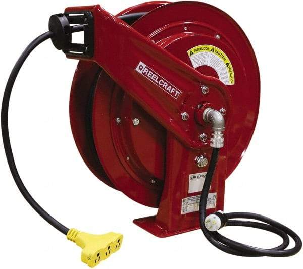 Reelcraft - 12 AWG, 75' Cable Length, Cord & Cable Reel with Triple-Tap Outlet End - 3 Outlets, NEMA 5-15R, 15 Amps, 125 Volts, SEOOW Cable, Red Reel, Spring Driven Reel - A1 Tooling