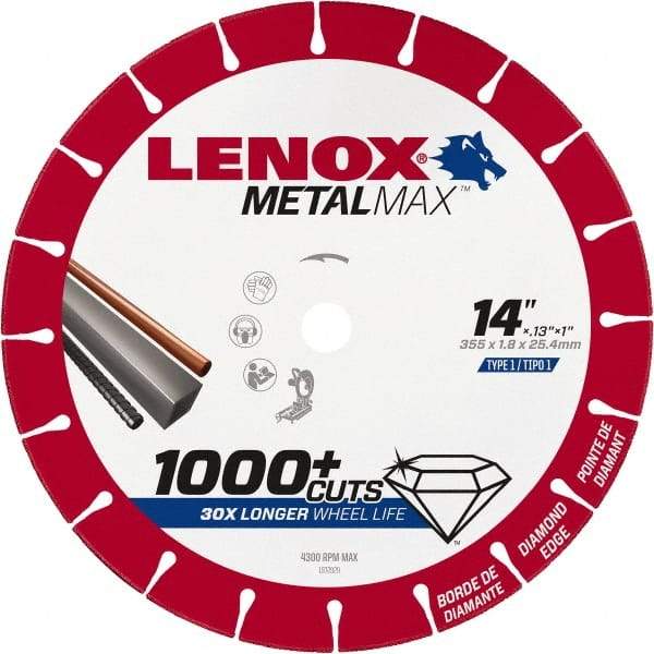 Lenox - 14" 25/30 Grit Diamond Cutoff Wheel - 0.13" Thick, 1" Arbor, 4,300 Max RPM, Use with Stationary Tools - A1 Tooling