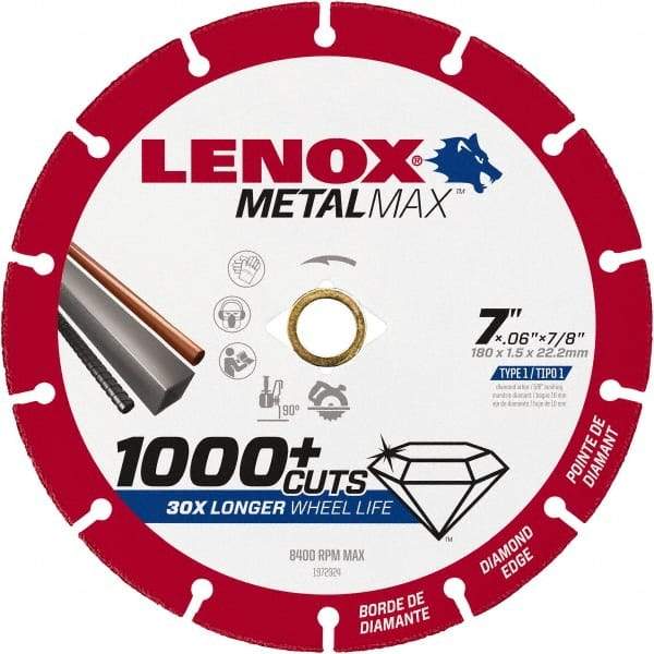 Lenox - 7" 40/50 Grit Diamond Cutoff Wheel - 0.06" Thick, 7/8" Arbor, 8,400 Max RPM, Use with Angle Grinders - A1 Tooling