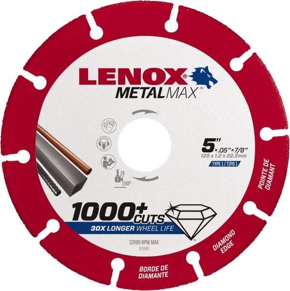 Lenox - 5" 40/50 Grit Diamond Cutoff Wheel - 0.05" Thick, 7/8" Arbor, 12,200 Max RPM, Use with Angle Grinders - A1 Tooling