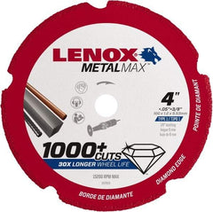 Lenox - 4" 40/50 Grit Diamond Cutoff Wheel - 0.05" Thick, 3/8" Arbor, 15,200 Max RPM, Use with Die Grinders - A1 Tooling