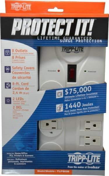 Tripp-Lite - 8 Outlets, 120 Volts, 15 Amps, 8' Cord, Power Outlet Strip - Free Hanging, Keyhole Mount, 5-15P NEMA Configuration, 9.55" Strip, UL1449 3rd Edition - A1 Tooling