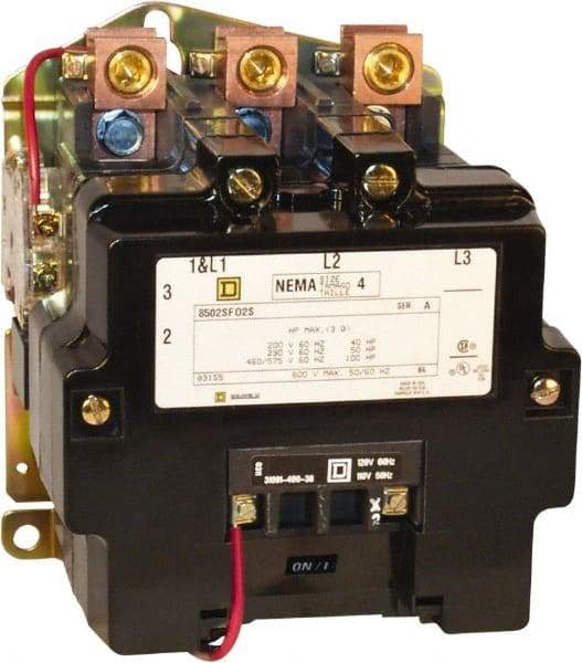 Square D - 3 Pole, 110 Coil VAC at 50 Hz and 120 Coil VAC at 60 Hz, 135 Amp NEMA Contactor - Open Enclosure, 50 Hz at 110 VAC and 60 Hz at 120 VAC - A1 Tooling