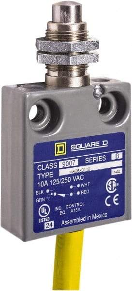 Square D - SPDT, NC/NO, 240 VAC, Prewired Terminal, Plunger Actuator, General Purpose Limit Switch - 1, 2, 4, 6, 6P NEMA Rating, IP67 IPR Rating, Panel Mount, 80 Ounce Operating Force - A1 Tooling