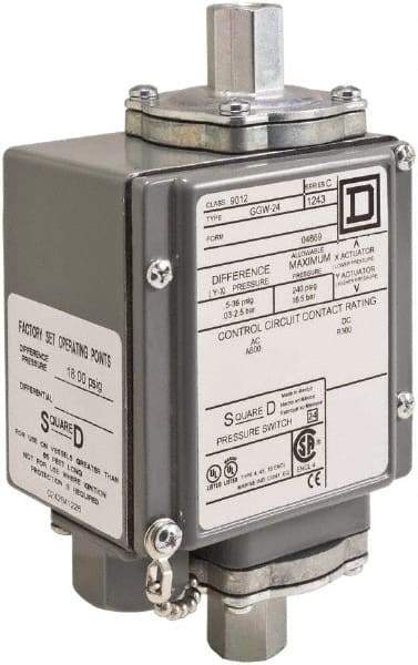 Square D - 4, 13 and 4X NEMA Rated, DPDT, 500 psi, Electromechanical Pressure and Level Switch - Adjustable Pressure, 120 VAC at 6 Amp, 240 VAC at 3 Amp, 250 VDC at 0.11 Amp, 1/4 Inch Connector, Screw Terminal, For Use with 9012G - A1 Tooling