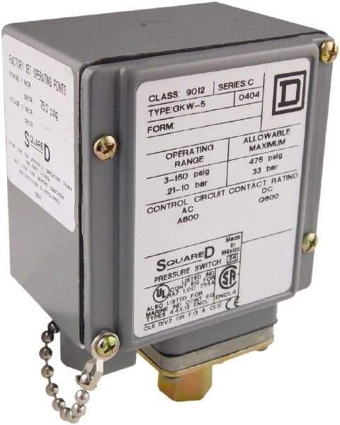 Square D - 4, 13 and 4X NEMA Rated, SPDT, 3 to 150 psi, Electromechanical Pressure and Level Switch - Fixed Pressure, 120 VAC at 6 Amp, 125 VDC at 0.22 Amp, 240 VAC at 3 Amp, 250 VDC at 0.27 Amp, 1/4 Inch Connector, Screw Terminal, For Use with 9012G - A1 Tooling