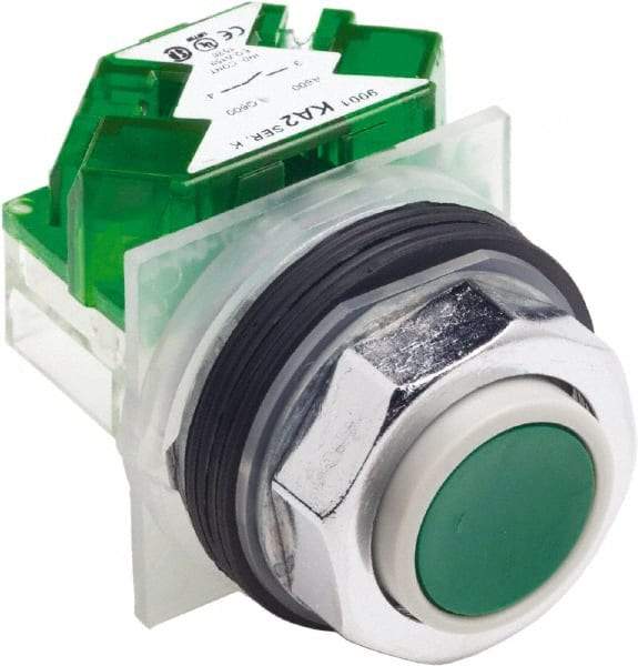 Schneider Electric - 30mm Mount Hole, Extended Straight, Pushbutton Switch with Contact Block - Green Pushbutton, Momentary (MO) - A1 Tooling