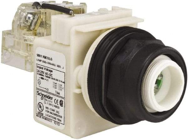 Schneider Electric - 28 V Green Lens LED Pilot Light - Round Lens, Screw Clamp Connector, 54mm OAL x 42mm Wide, Vibration Resistant - A1 Tooling