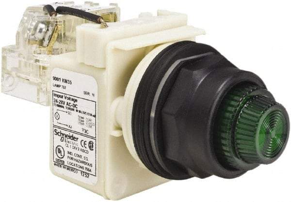 Schneider Electric - 24 V, 28 V Green Lens Press-to-Test Indicating Light - Round Lens, Screw Clamp Connector, Corrosion Resistant, Dust Resistant, Oil Resistant - A1 Tooling