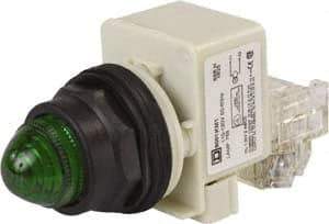 Schneider Electric - 110 VAC at 50/60 Hz via Transformer, 120 VAC at 50/60 Hz via Transformer Green Lens Press-to-Test Indicating Light - Round Lens, Screw Clamp Connector, Corrosion Resistant, Dust Resistant, Oil Resistant - A1 Tooling