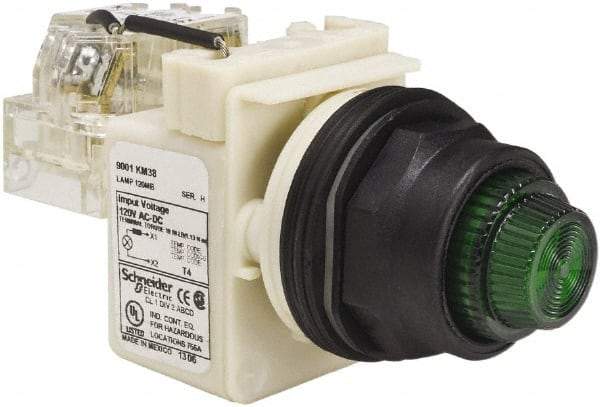 Schneider Electric - 120 V Green Lens Press-to-Test Indicating Light - Round Lens, Screw Clamp Connector, Corrosion Resistant, Dust Resistant, Oil Resistant - A1 Tooling