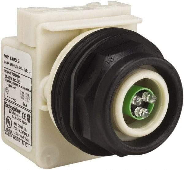 Schneider Electric - 28 V Green Lens LED Pilot Light - Round Lens, Screw Clamp Connector, 54mm OAL x 42mm Wide, Vibration Resistant - A1 Tooling