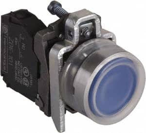 Schneider Electric - 22mm Mount Hole, Extended Straight, Pushbutton Switch with Contact Block - Round, Blue Pushbutton, Momentary (MO) - A1 Tooling