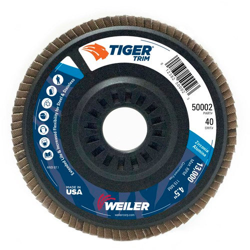 4-1/2″ Tiger Disc Abrasive Flap Disc, Angled, Trimmable Backing, 40Z, 7/8″ Arbor Hole - A1 Tooling