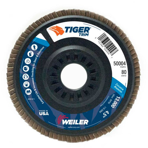 4-1/2″ Tiger Disc Abrasive Flap Disc, Angled, Trimmable Backing, 80Z, 7/8″ Arbor Hole - A1 Tooling