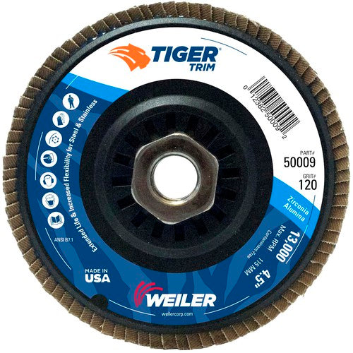 4-1/2″ Tiger Disc Abrasive Flap Disc, Angled, Trimmable Backing, 120Z, 5/8″-11 UNC Nut - A1 Tooling