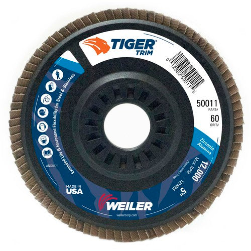 5″ Tiger Disc Abrasive Flap Disc, Angled, Trimmable Backing, 60Z, 7/8″ Arbor Hole - A1 Tooling