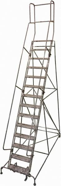 Cotterman - 182" 14 Step Rolling Warehouse Ladder - Rolling Safety Ladder, 450 Lb Capacity, 140" Platform Height, 42" Base Width x 111" Base Depth, Perforated Tread - A1 Tooling