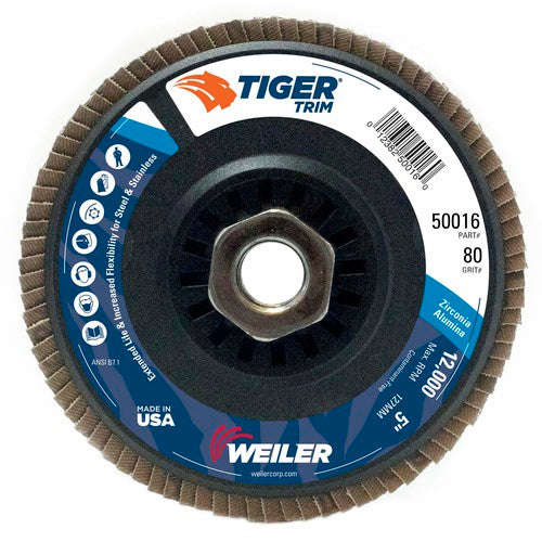 5″ Tiger Disc Abrasive Flap Disc, Angled, Trimmable Backing, 80Z, 5/8″-11 UNC Nut - A1 Tooling