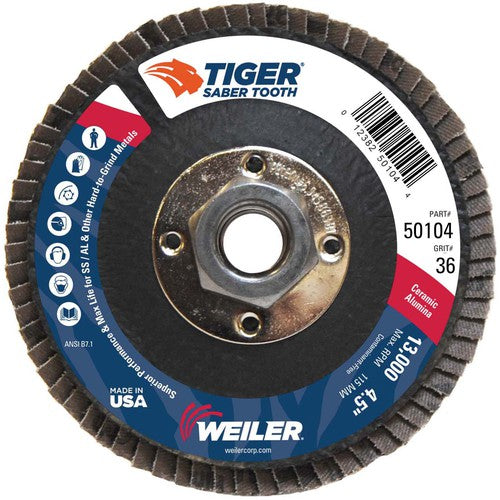 ‎4-1/2″ Saber Tooth Ceramic Abrasive Flap Disc, Angled, Phenolic Back,36C, 5/8″-11 UNC Nut - A1 Tooling