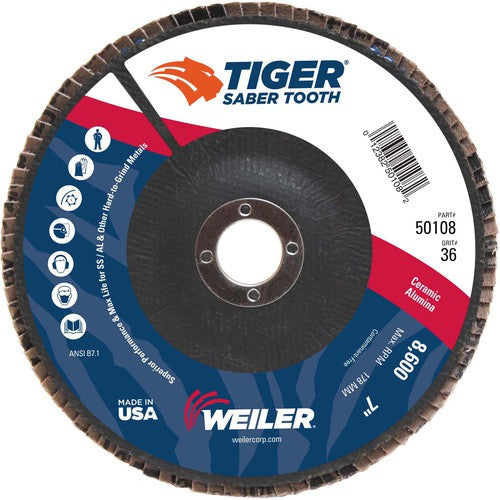 7″ Saber Tooth Ceramic Abrasive Flap Disc, Angled, Phenolic Backing, 36C, 7/8″ Arbor Hole - A1 Tooling