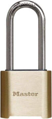 Master Lock - 2" Body Width x 3" Body Height, 2" Shackle Clearance, Brass Finish Combination Lock - 5/16" Shackle Diam, 1" Shackle Width, Set Your Own 4 Digit Combination - A1 Tooling